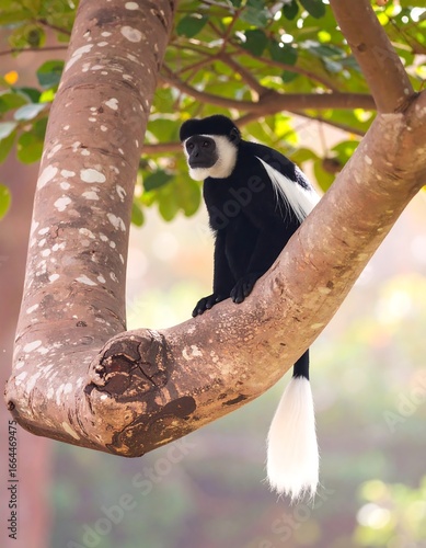 A black and white colobus monkey perched on a tree branch
