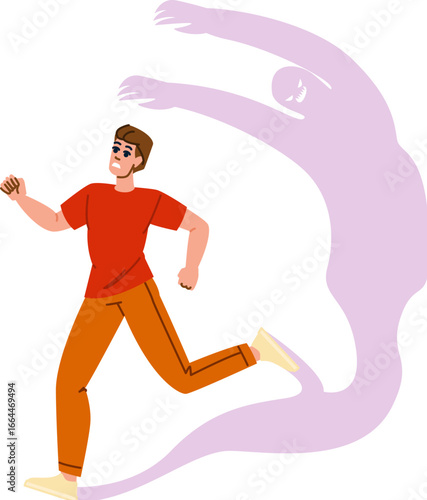 Young man running away from inner demons and fears represented by a monster shadow
