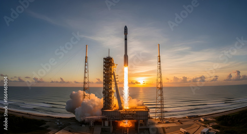 A falcon nine rocket launches into the sky at sunrise from cape canaveral, florida, with the ocean in the foreground and the sun rising on the horizon