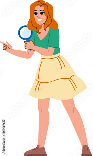 Woman holding magnifying glass and pointing finger aside