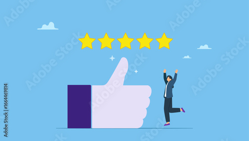 Young business owner with big thumb up and 5 stars rating. Best star rating, high quality product or good quality service, excellence customer feedback, user experience or five stars ranking.