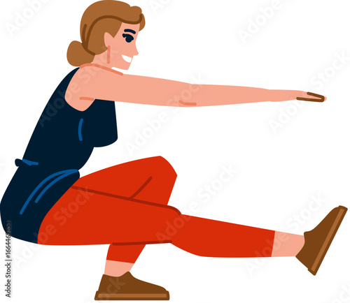 Young woman performing pistol squat exercise on white background