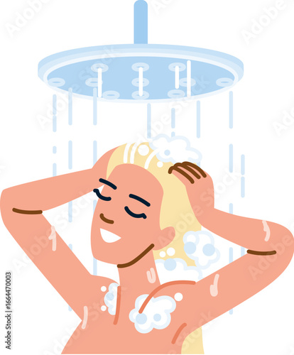 Woman washing hair with shampoo in shower
