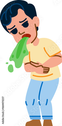 Sick boy vomiting green liquid holding stomach suffering from food poisoning