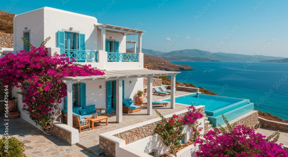 Fototapeta premium Greek Island Villa with Infinity Pool, Blue Shutters and Panoramic Aegean Sea View