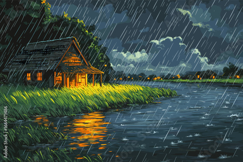 Serene Rainy Night at a Cottage by the River