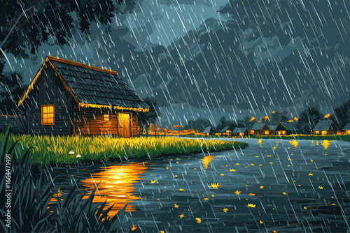 Serene Rainy Night at a Cottage by the River