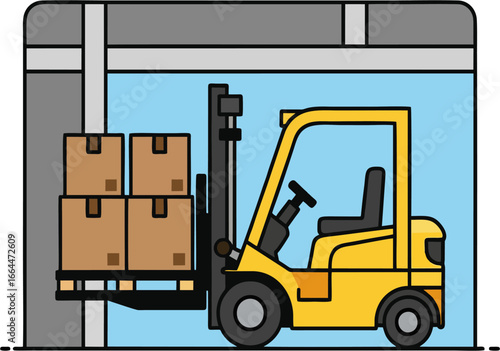 Vector Illustration of Yellow Forklift Loading Boxes in Warehouse – Logistics, Cargo, and Industrial Equipment Icon