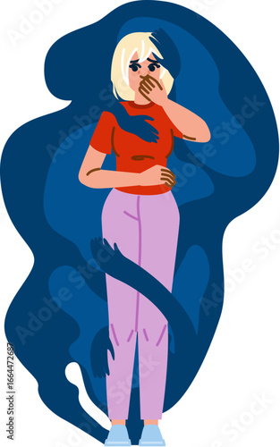 Scared woman embracing herself while being surrounded by dark shadows