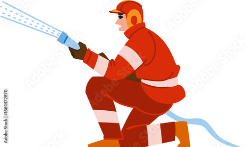 Firefighter kneeling and spraying water with fire hose