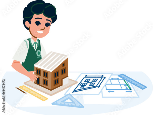 Boy architect designing a house model following blueprints