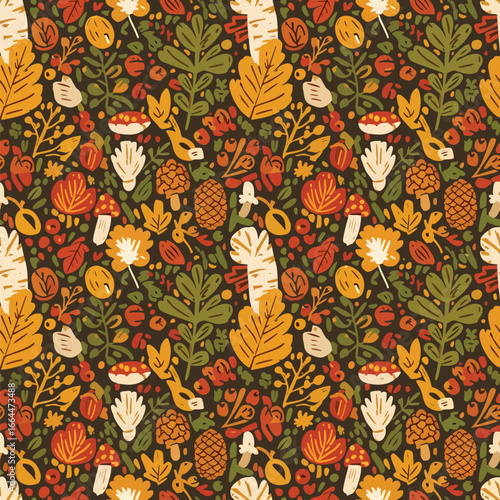 Seamless Pattern, Autumnal woodland pattern with leaves, mushrooms, and berries in warm tones Stock royalty free image.