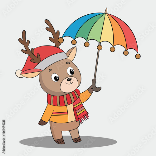 Cute christmas reindeer wearing christmas hat and scarf holding umbrella cartoon vector illustration