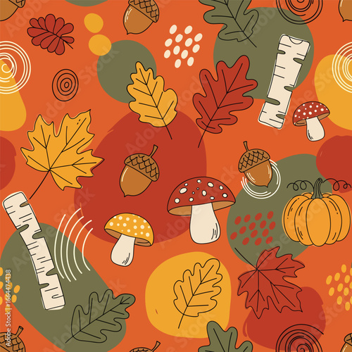 Seamless Pattern, Autumn seamless pattern featuring leaves, acorns, pumpkins, and mushrooms on orange Stock royalty free image.