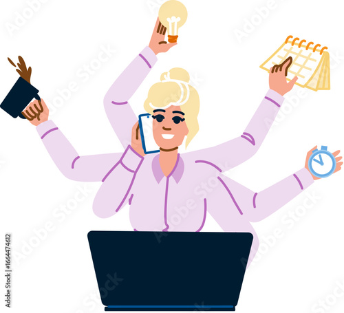 Businesswoman multitasking with multiple arms managing workload efficiently
