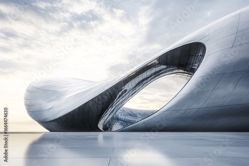 Modern architecture with a curved organic shape against a bright sky.