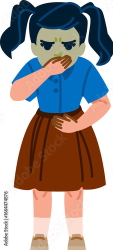 Sick schoolgirl feeling nausea and covering mouth with hand