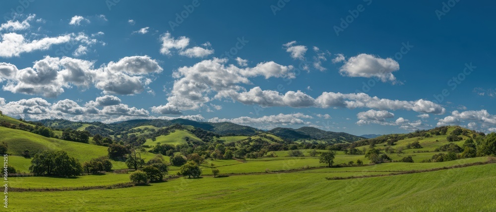 Fototapeta premium The Rolling Green Hills Under a Bright Blue Sky With Fluffy White Clouds
