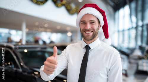 Man in santa hat giving thumbs up at car dealership during christmas time