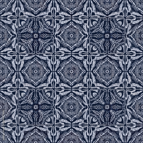 Seamless Pattern, Detailed indigo dye pattern featuring geometric shapes and floral motifs Stock royalty free image.