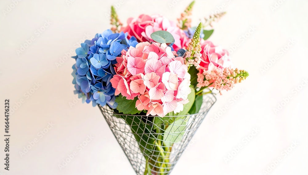 Obraz premium A bouquet of hydrangeas in a cone vase
