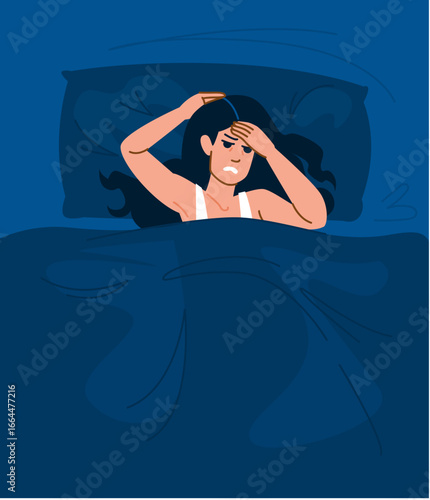 Stressed woman suffering from insomnia lying in bed at night