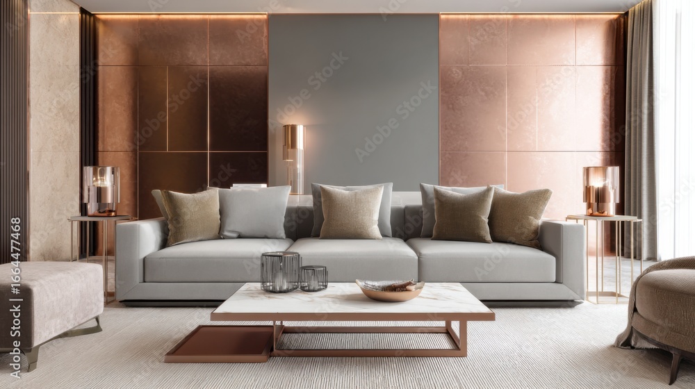 Fototapeta premium hollywood glam living room full view, warm grey sofa, copper toned wall, minimal clean coffee table, soft cinematic light