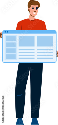 Web developer holding a website layout interface and smiling
