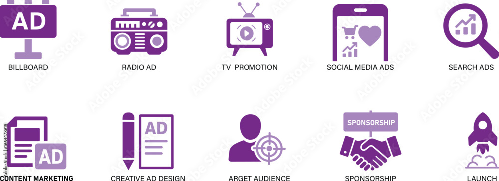 A professional vector icon set for digital marketing. Features icons for billboards, social media ads, content marketing, and sponsorships, with a clean and modern design. A professional vector icon set for digital marketing. Features icons for billboards, social media ads, content marketing, and sponsorships, with a clean and modern design.