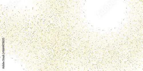 Golden glittering dust particles on white background. Shining falling lights of golden dust. Abstract luxury golden confetti border.