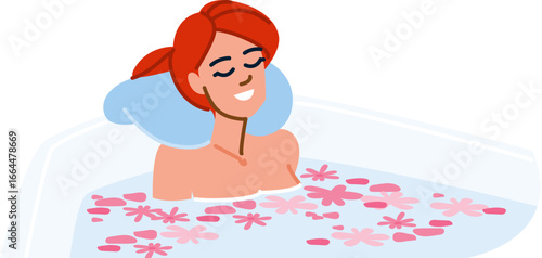Woman relaxing in bathtub with flower petals and neck pillow