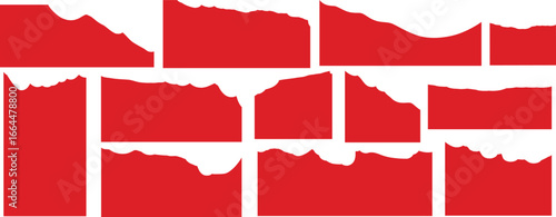 Set of red ripped paper, jagged border, torn paper top and down frames.  torn paper edge shapes on white background for design vector illustration.