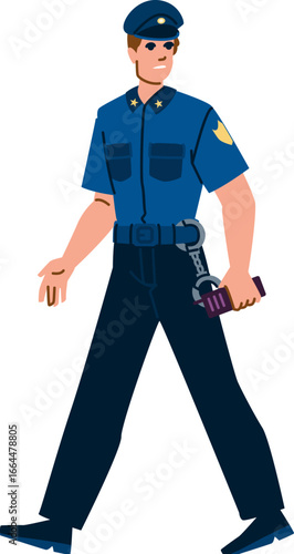 Police officer walking and holding handcuffs and pepper spray