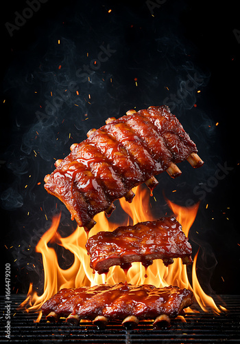 Grilled rack of ribs with flames, smoky barbecue meat closeup, roasted gourmet dinner