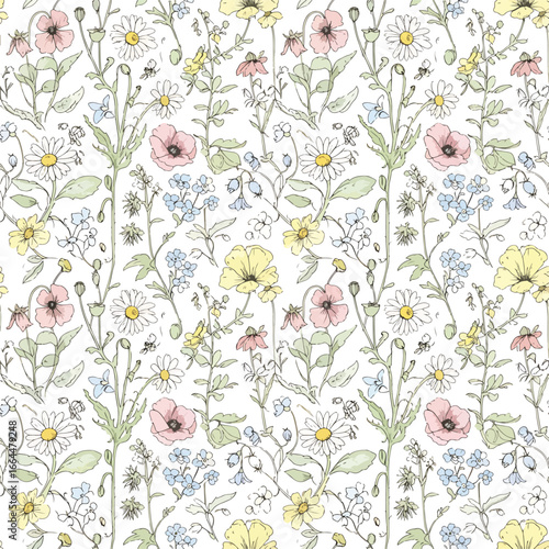 Seamless Pattern, Delicate floral pattern with daisies, poppies, and forget-me-nots illustration Stock royalty free image.