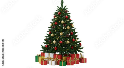 Classic green fir Christmas tree, richly adorned with red and gold ornaments, pinecones, and warm lights, surrounded by elegant gifts on a white studio background, concept of holiday success