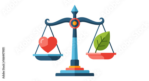 This conceptual image beautifully illustrates the delicate equilibrium between personal health and environmental sustainability, using a heart and a leaf on a scale.