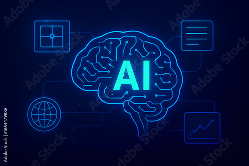 Futuristic HUD style illustration of artificial intelligence with glowing neon brain, holographic panels, cloud, robotics, cybersecurity, big data, and digital networks.