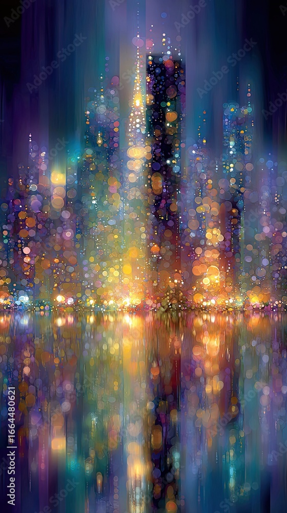 Fototapeta premium Vibrant city lights reflected on water