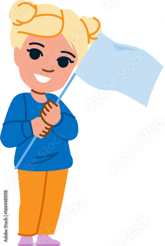 Smiling girl holding white flag, symbolizing surrender, peace, or truce