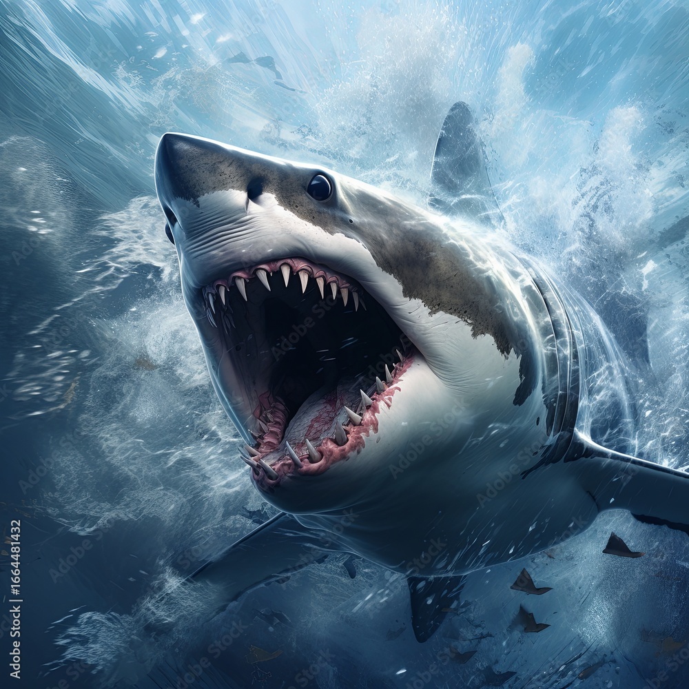 Obraz premium Great White Shark Jaws Wide Open in Ocean Waters, Underwater Predator Ready to Attack.