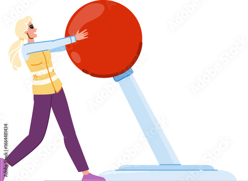 Female engineer pushing big red button activating new technology