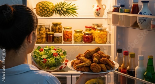 Woman choosing between healthy salad and fried chicken from an open refrigerator at night