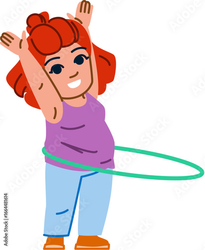 Redhead woman rotating hula hoop and raising arms, exercising for weight loss