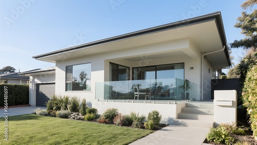 Modern White House with Glass Balcony and Well-maintained Garden