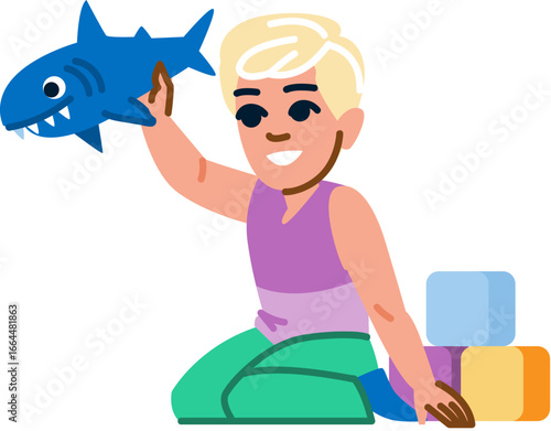 Blond boy playing with plush shark and building blocks