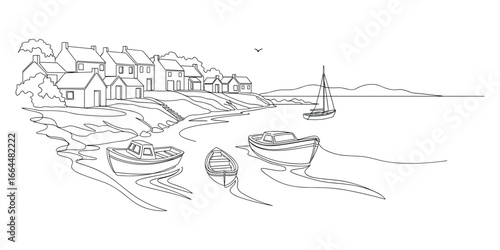 Black and white vector illustration of a coastal village scene with boats on the shoreline, and bird silhouette.