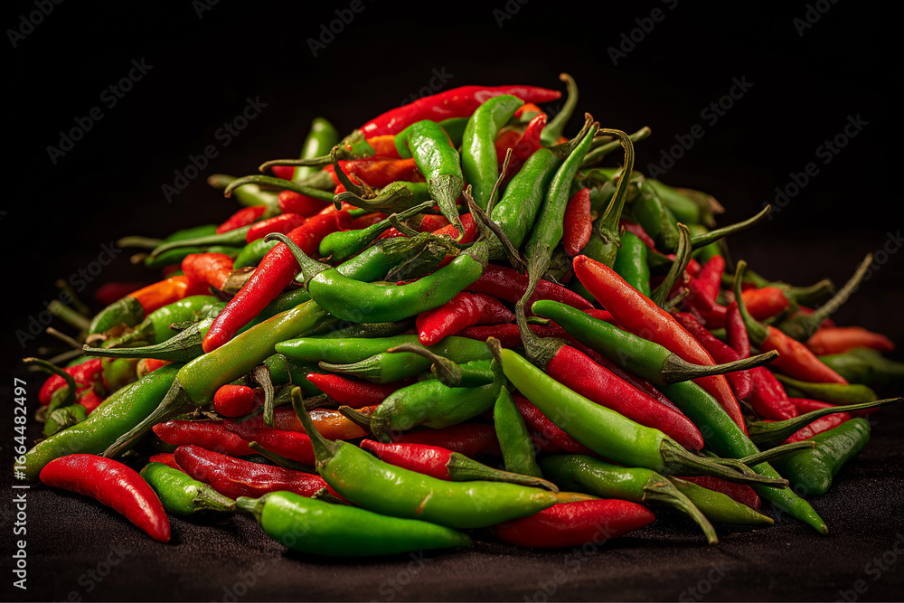 A pile of red and green chili peppers against a dark background in studio A pile of red and green chili peppers against a dark background in studio