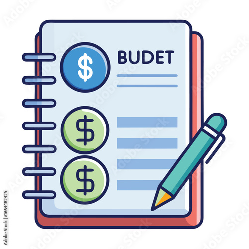 A budget planning notebook with a pen and money, a professional icon for financial management and saving money.