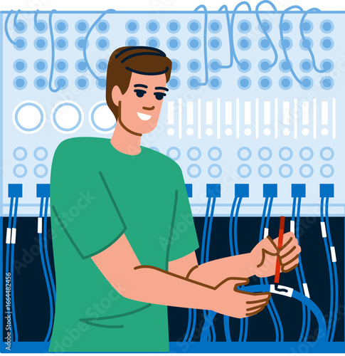 Technician labeling cables of server rack in datacenter